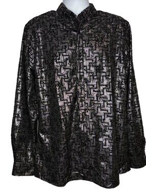Fried Denim Satin Shirt Size XL Slim Fit Black Silver Geo Velvet Flocked Floral